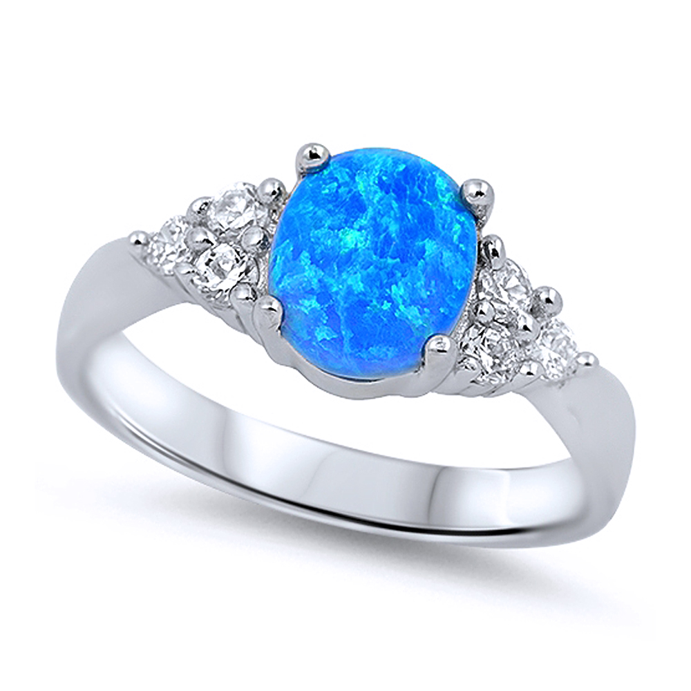 Women 8mm 925 Sterling Silver Oval Simulated Blue Opal Ladies Ring Band ...