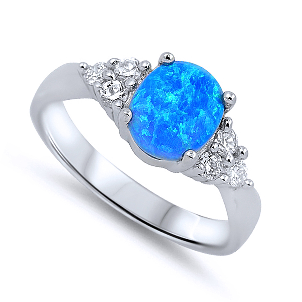 Women 8mm 925 Sterling Silver Oval Blue Opal Ladies Vintage Style Ring Band