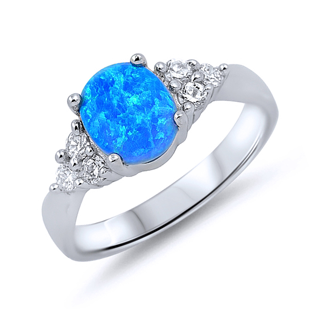 Women 8mm 925 Sterling Silver Oval Blue Opal Ladies Vintage Style Ring Band