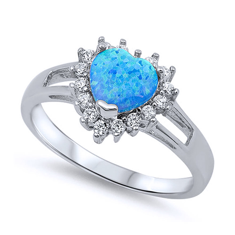 Women 12mm 925 Sterling Silver Simulated Blue Opal Heart Ladies Ring Band
