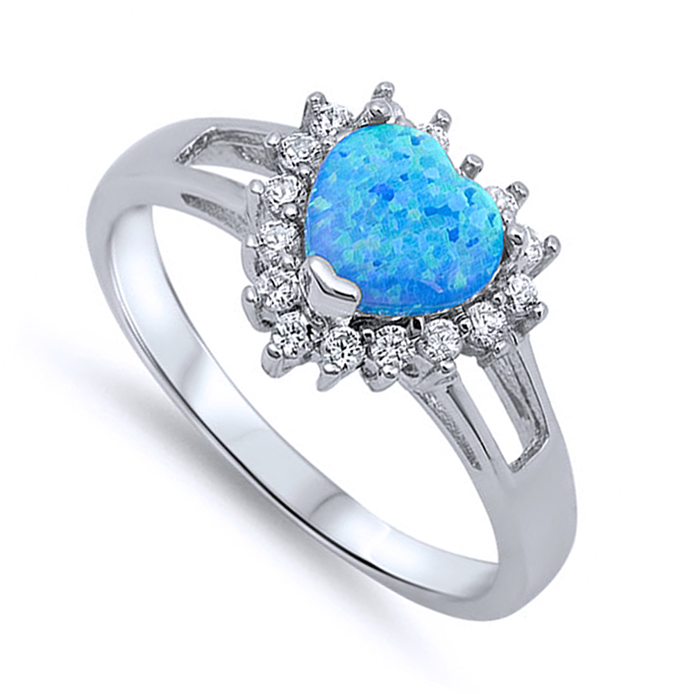 Women 12mm 925 Sterling Silver Simulated Blue Opal Heart Ladies Ring Band