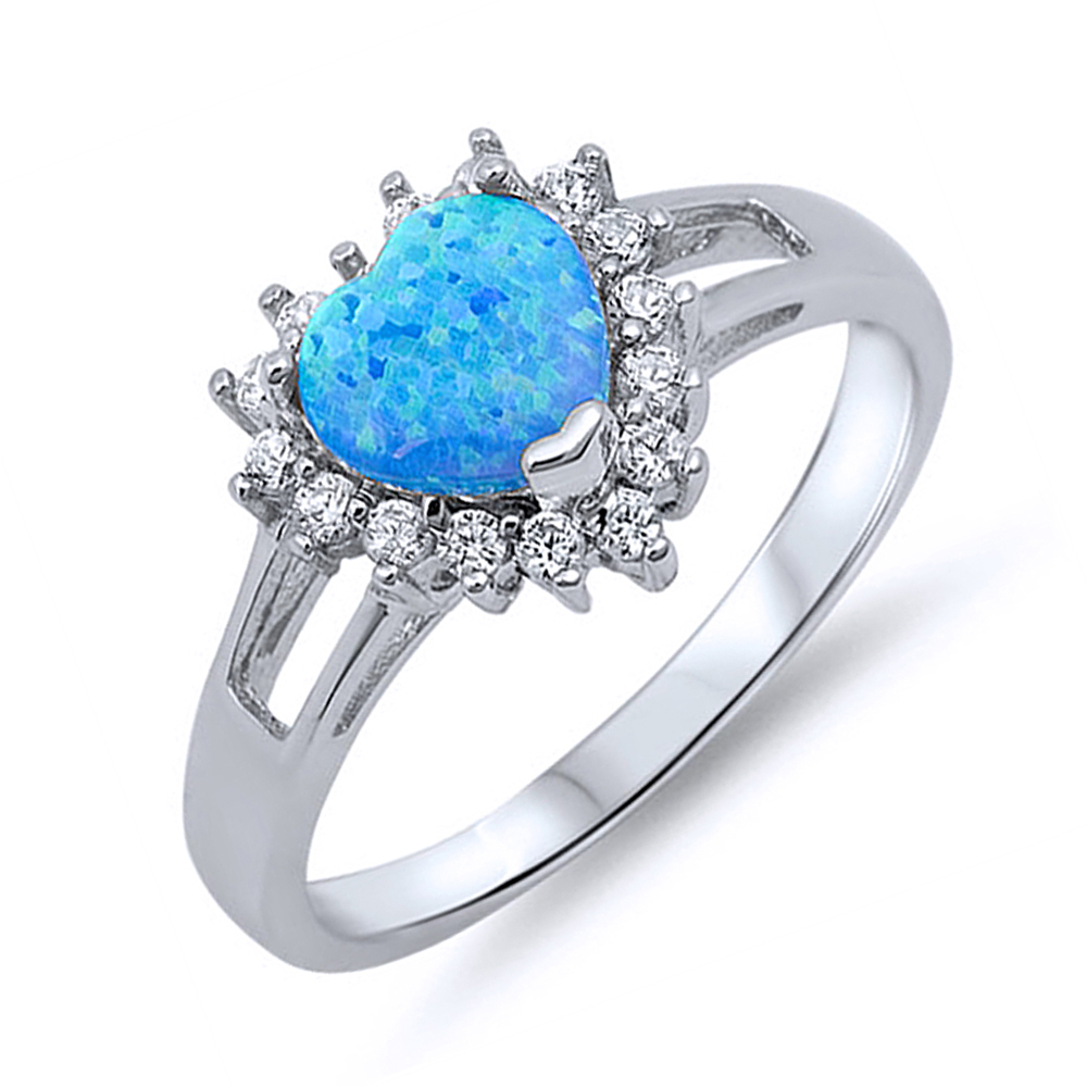 Women 12mm 925 Sterling Silver Simulated Blue Opal Heart Ladies Ring Band