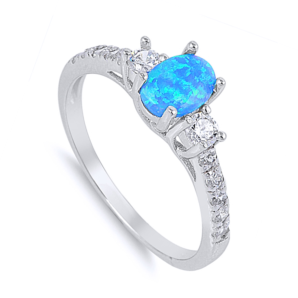 Women 6mm 925 Sterling Silver Oval Simulated Blue Opal with CZ Ladies Ring Band