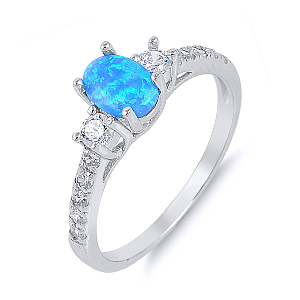 Women 6mm 925 Sterling Silver Oval Simulated Blue Opal with CZ Ladies Ring Band