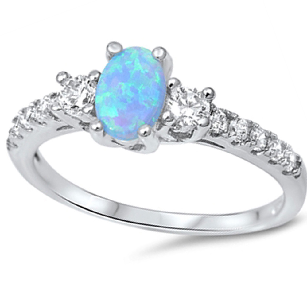 Women 6mm 925 Sterling Silver Oval Simulated Opal with CZ Ladies Ring ...