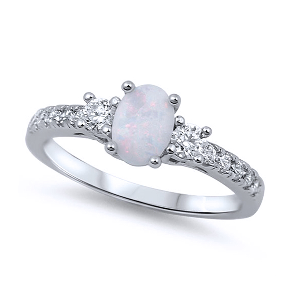 Women 6mm 925 Sterling Silver Oval Simulated White Opal with CZ Ladies Ring Band