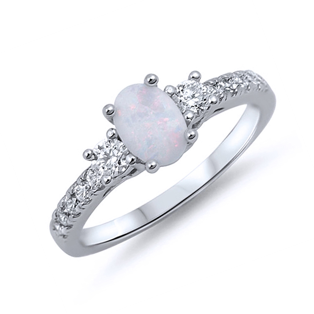 Women 6mm 925 Sterling Silver Oval Simulated White Opal with CZ Ladies Ring Band