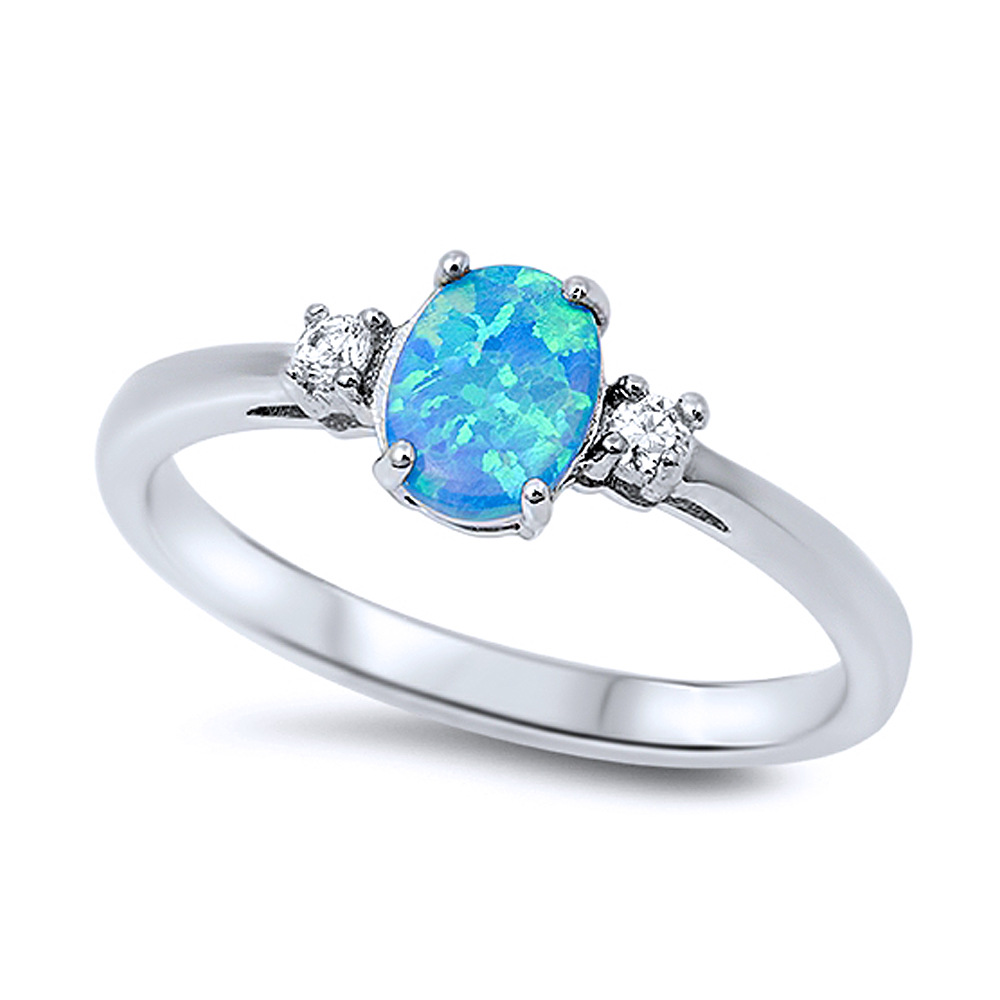 Women 6mm 925 Sterling Silver Oval Blue Opal Ladies Vintage Style Ring Band