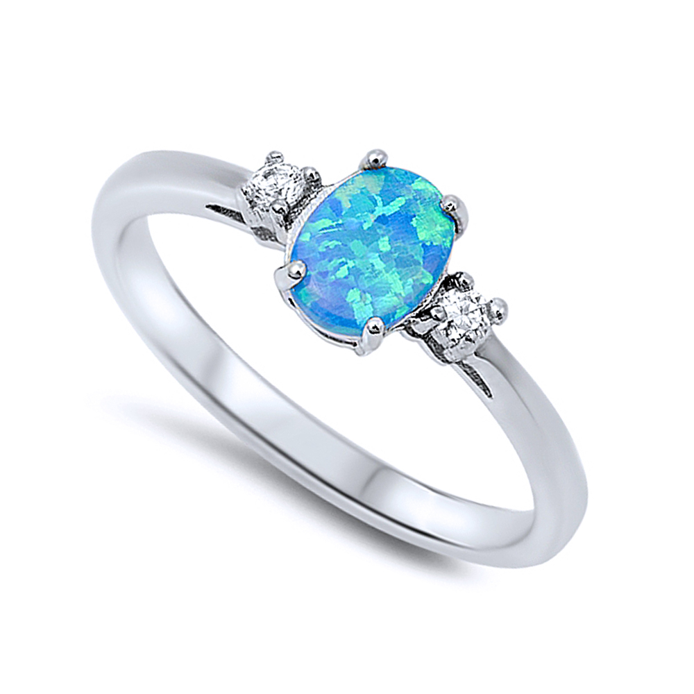 Women 6mm 925 Sterling Silver Oval Blue Opal Ladies Vintage Style Ring Band