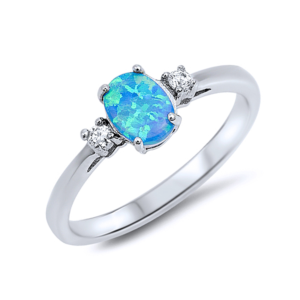 Women 6mm 925 Sterling Silver Oval Blue Opal Ladies Vintage Style Ring Band