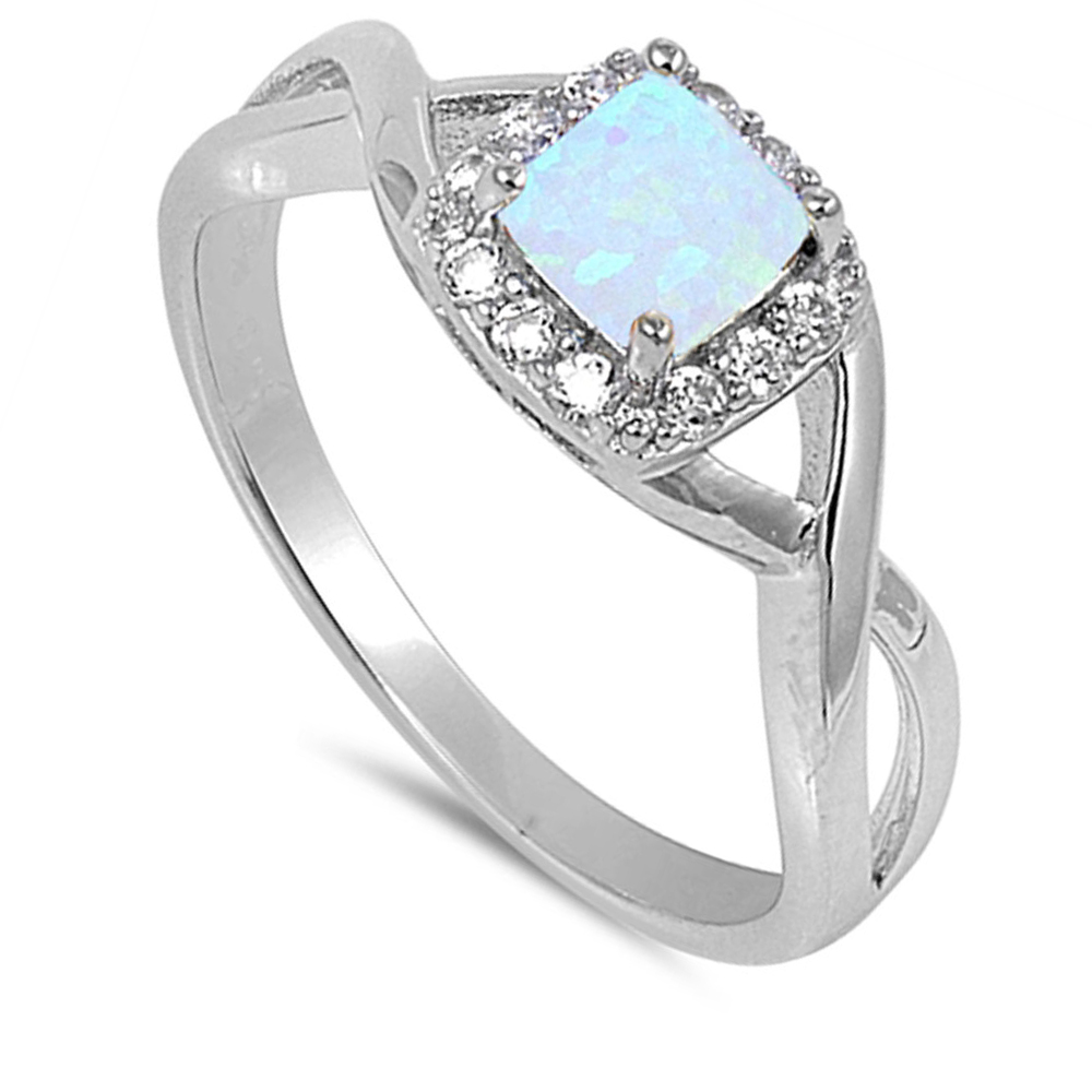 Fine Women 8mm 925 Silver Square Simulated White Opal & CZ Ladies Ring Band