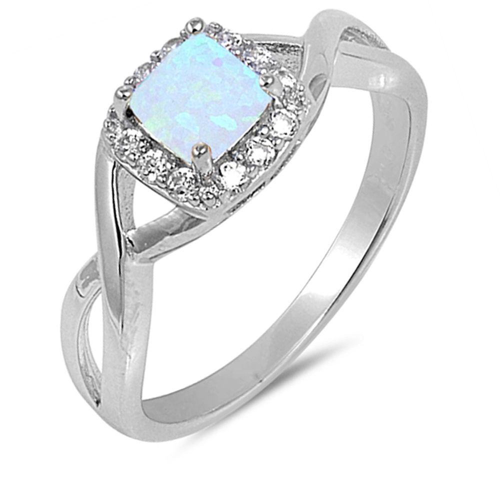 Fine Women 8mm 925 Silver Square Simulated White Opal & CZ Ladies Ring Band