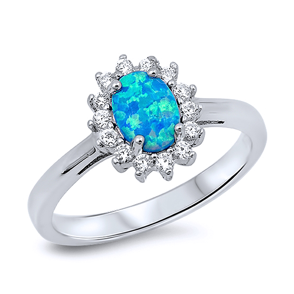 Women 11mm 925 Silver Oval Blue Opal CZ Flower Ladies Vintage Style Ring Band