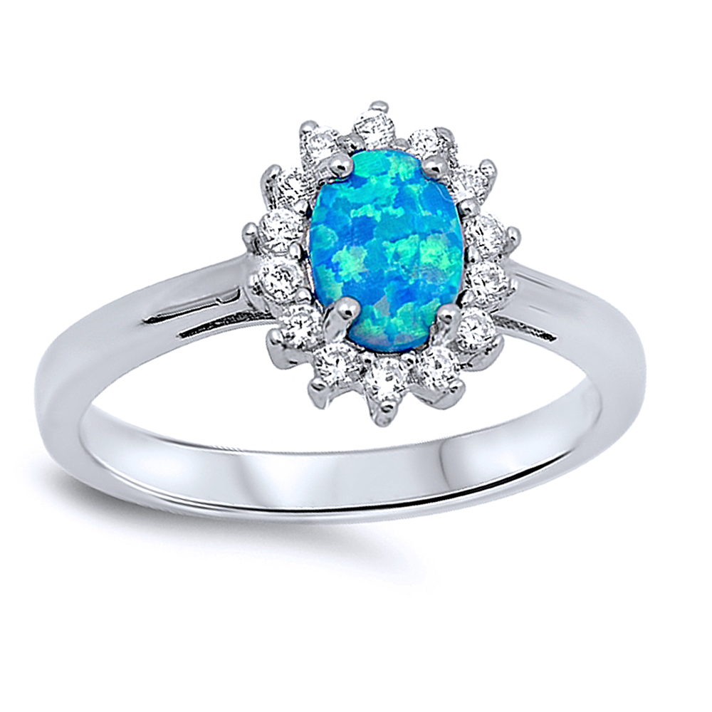 Women 11mm 925 Silver Oval Blue Opal CZ Flower Ladies Vintage Style Ring Band