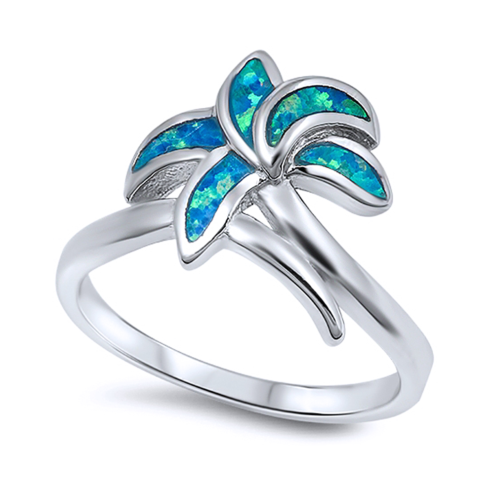 Fine Women 13mm 925 Silver Simulated Blue Opal Palm Tree Ladies Ring Band