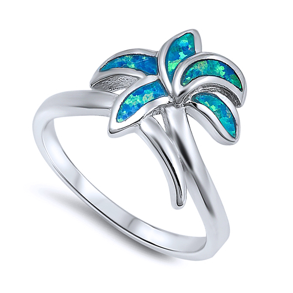 Fine Women 13mm 925 Silver Simulated Blue Opal Palm Tree Ladies Ring Band