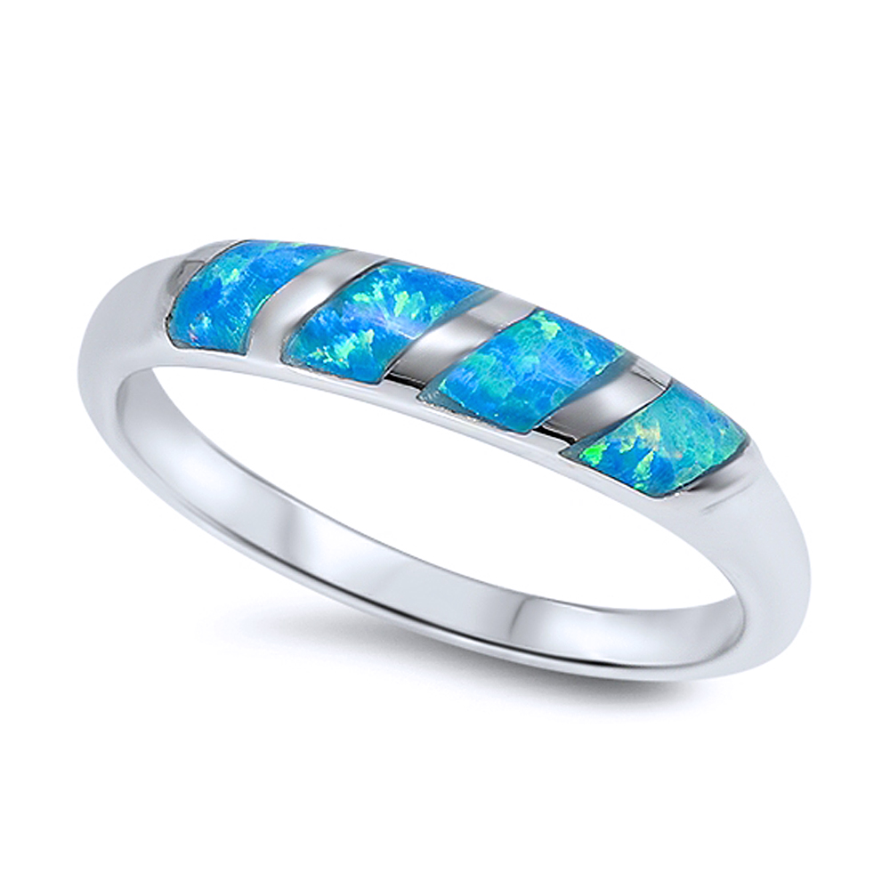 Fine 3mm Sterling Silver Simulated Blue Opal Band Ladies Ring