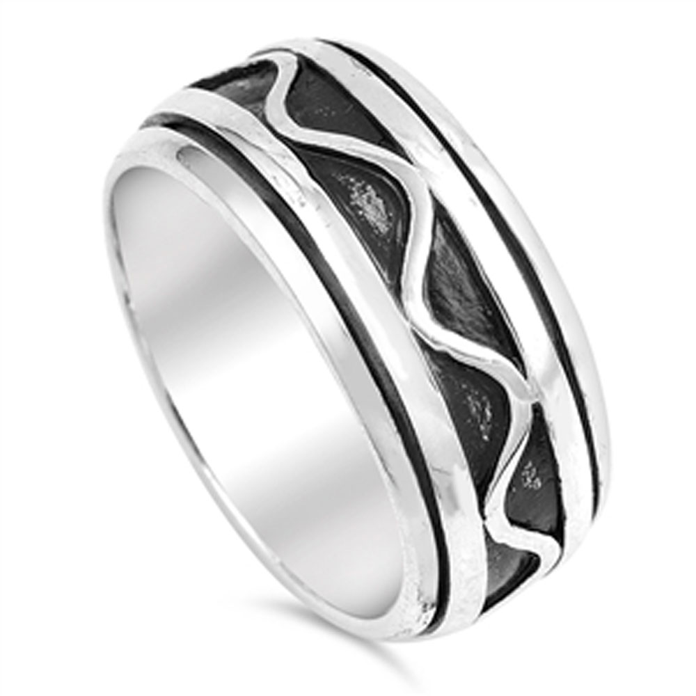 Men Women 9mm 925 Sterling Silver Oxidize Finish Wave Pattern Spinner Ring