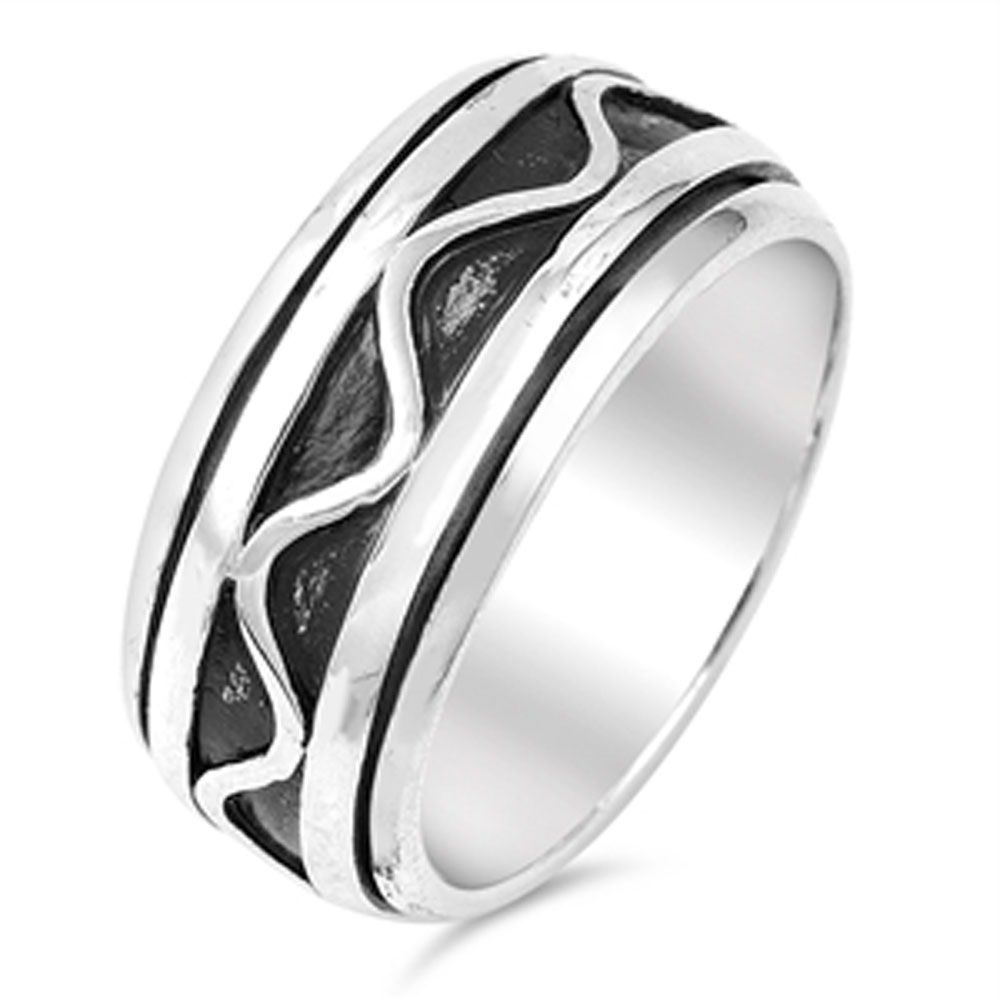 Men Women 9mm 925 Sterling Silver Oxidize Finish Wave Pattern Spinner Ring