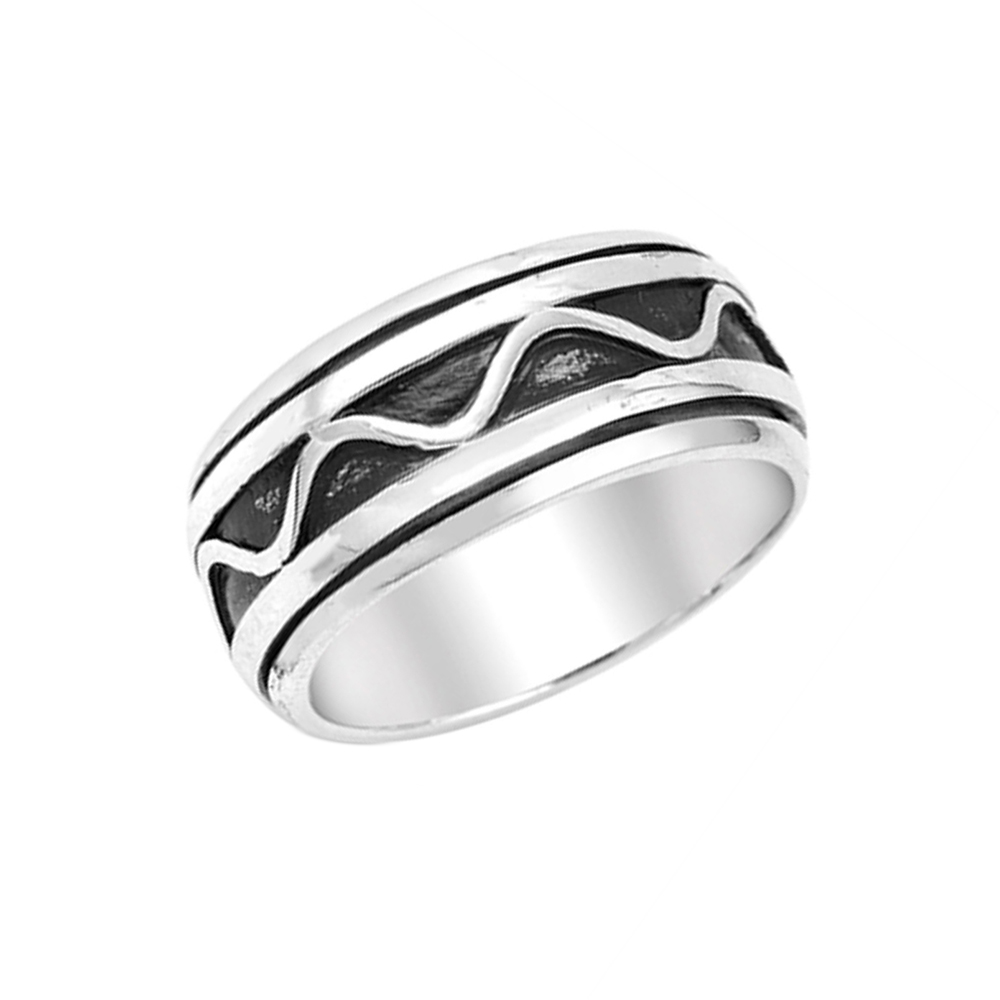 Men Women 9mm 925 Sterling Silver Oxidize Finish Wave Pattern Spinner Ring