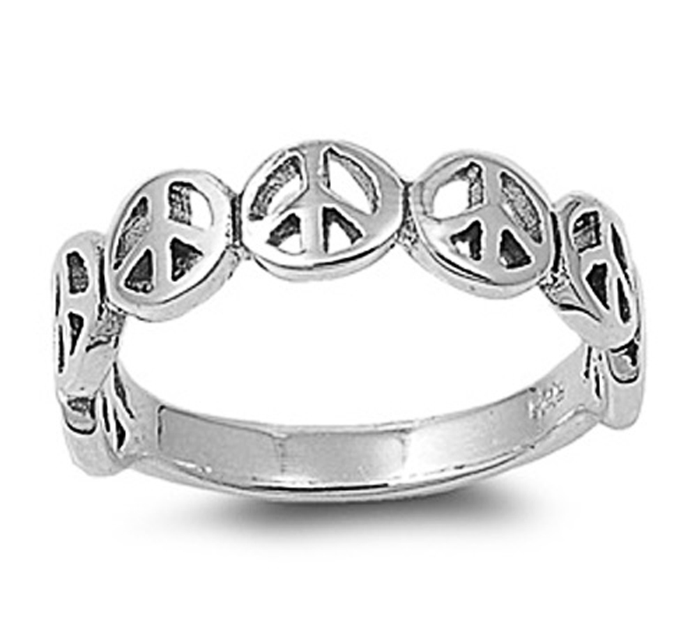 Women Sterling Silver Oxidized Finish Peace Sign Band Ring 6mm / Free Gift Box