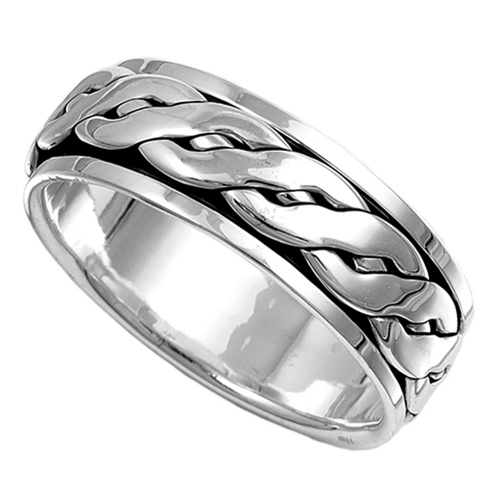 Men Women 8mm 925 Sterling Silver Band Braided Design Spinner Ring / Gift Box