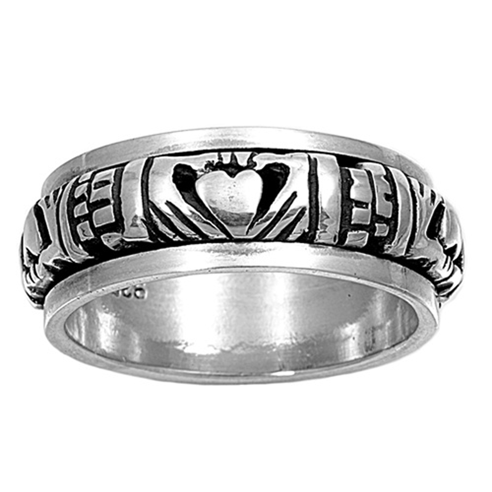 Men Women 9mm 925 Sterling Silver Band Oxidized Finish Claddagh Spinner Ring