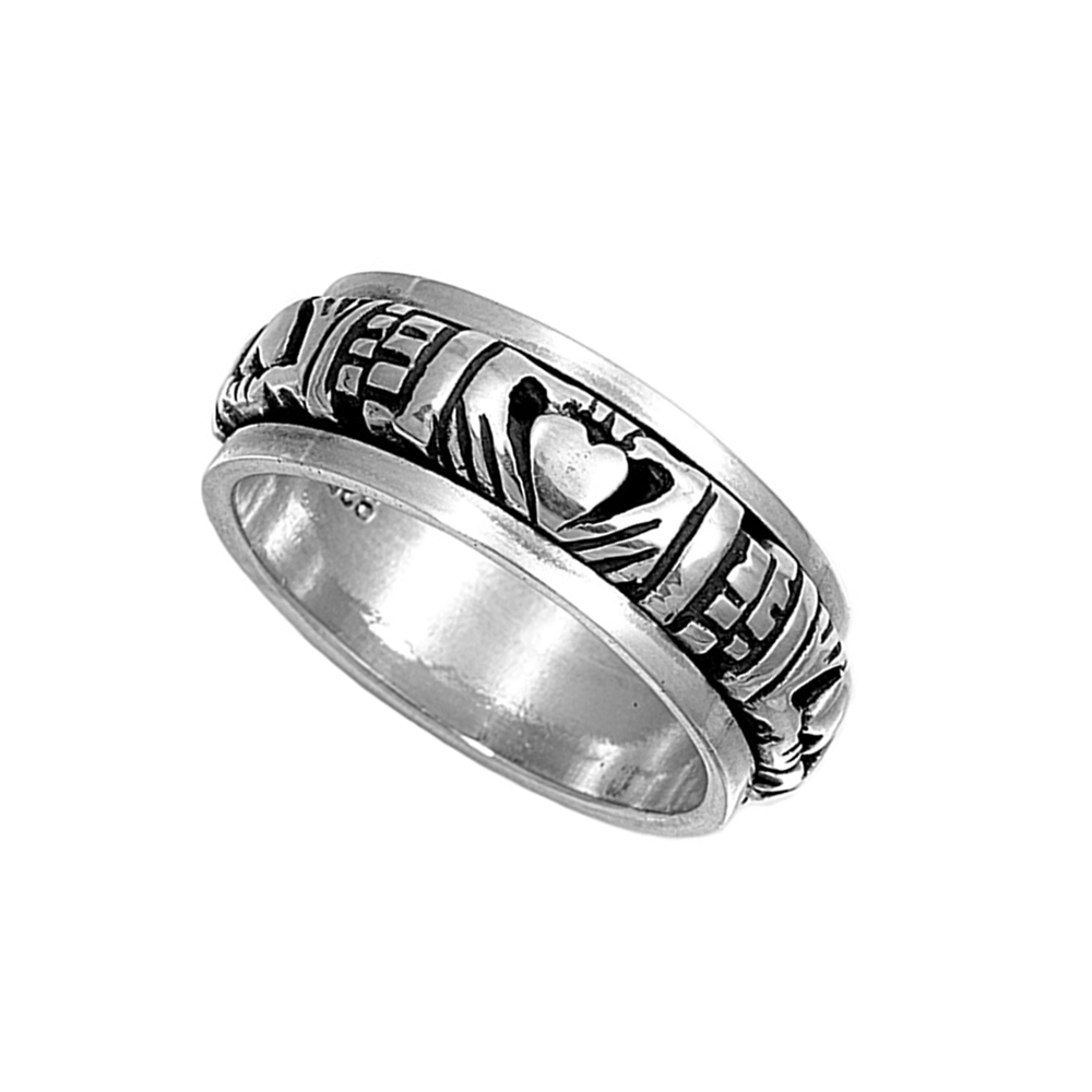 Men Women 9mm 925 Sterling Silver Band Oxidized Finish Claddagh Spinner Ring