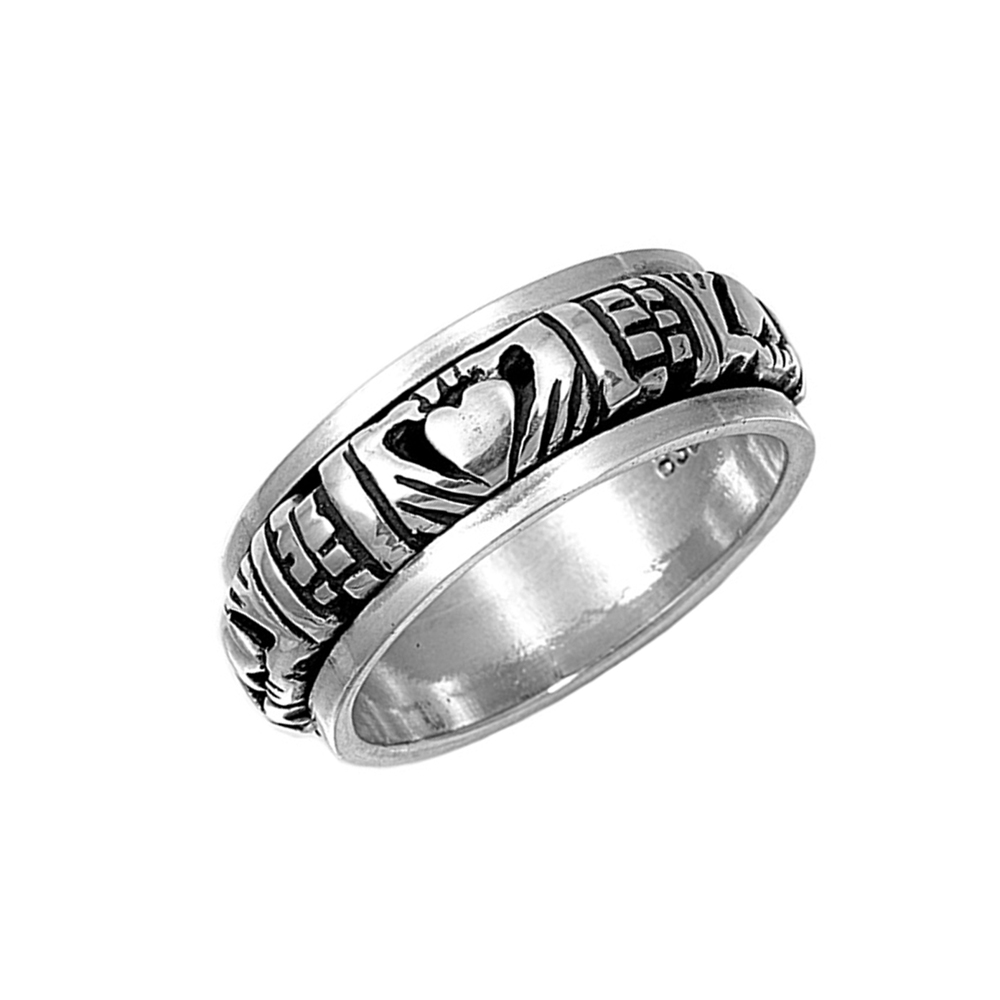 Men Women 9mm 925 Sterling Silver Band Oxidized Finish Claddagh Spinner Ring