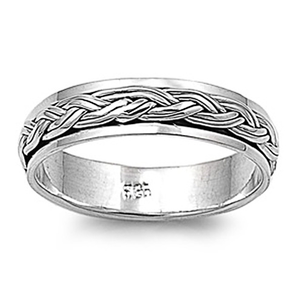 Men 5mm 925 Sterling Silver Band Oxidize Finish Braided Rope Spinner Ring