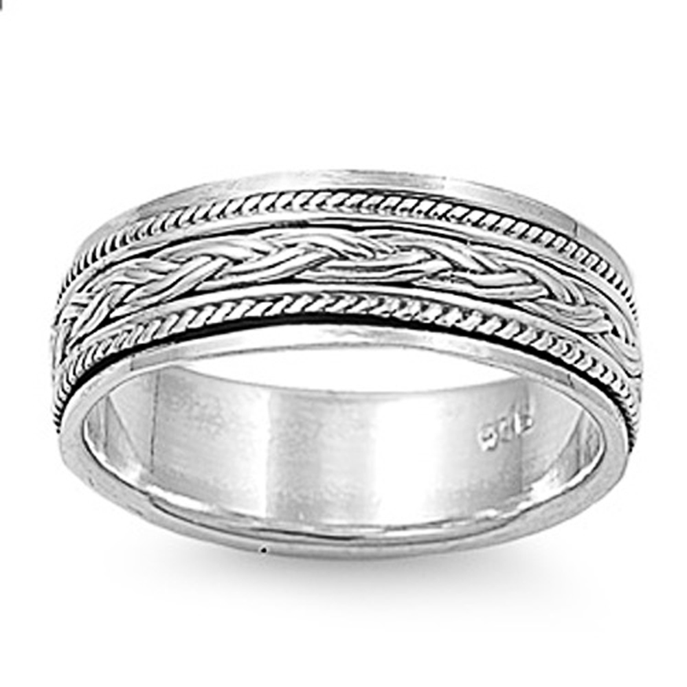 Men 8mm 925 Sterling Silver right hand Band Braided Spinner Ring
