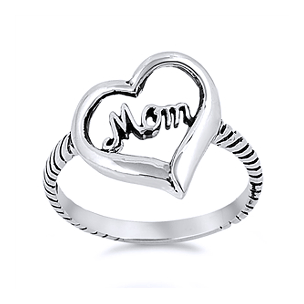 Women Sterling Silver Oxidized Heart I love mom Ring / Free Gift Box