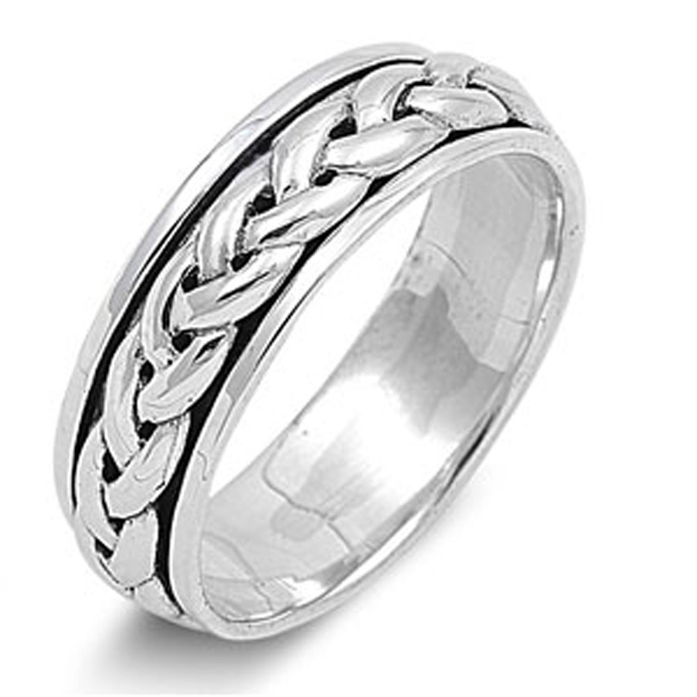 Men 7mm 925 Sterling Silver right hand Band Braided Spinner Ring / Gift Box