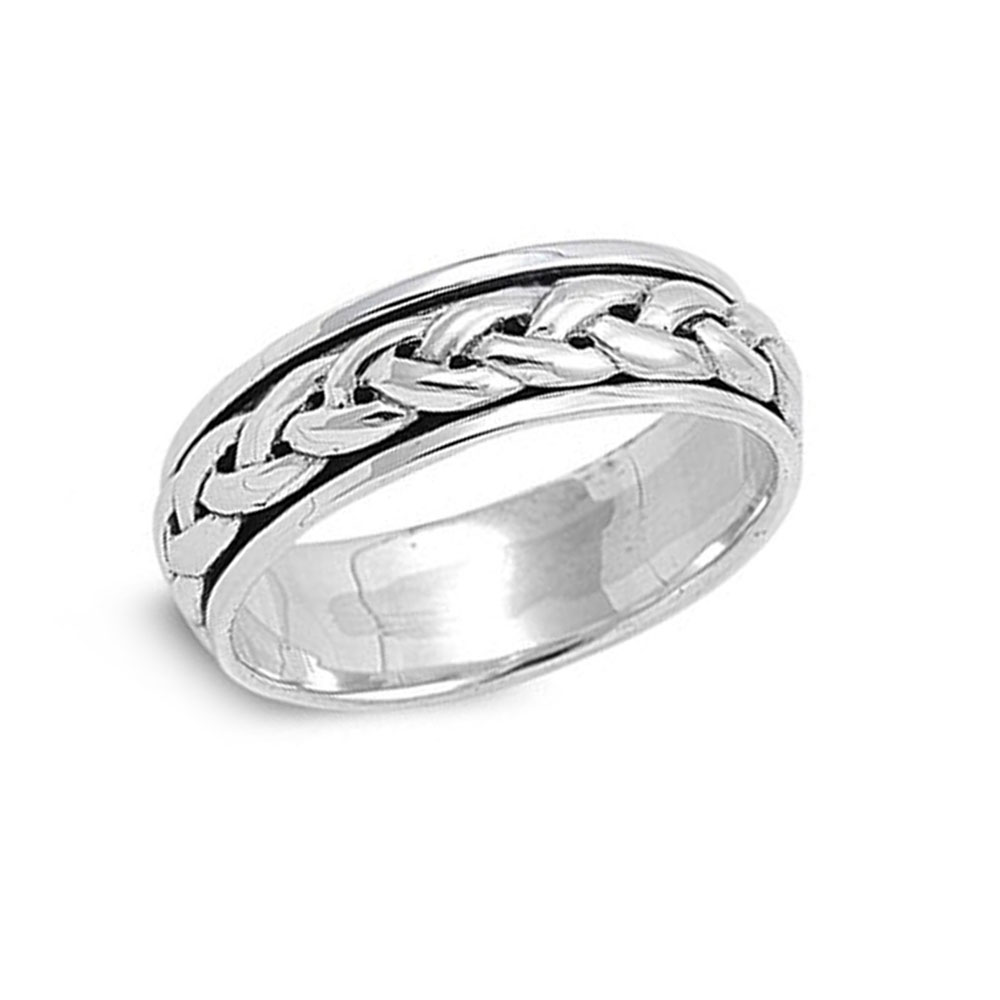 Men 7mm 925 Sterling Silver right hand Band Braided Spinner Ring / Gift Box