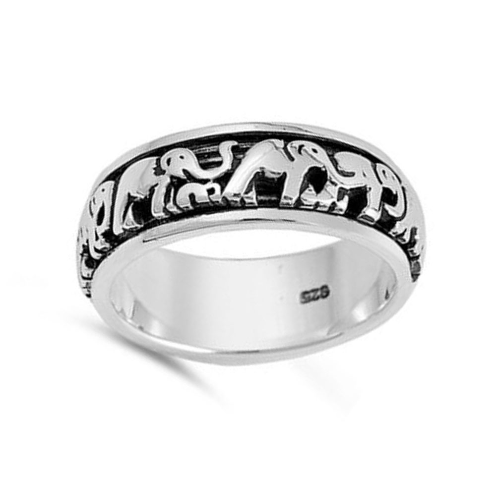 Men Women 7mm 925 Sterling Silver Band Lucky Elephants Spinner Ring / Gift Box