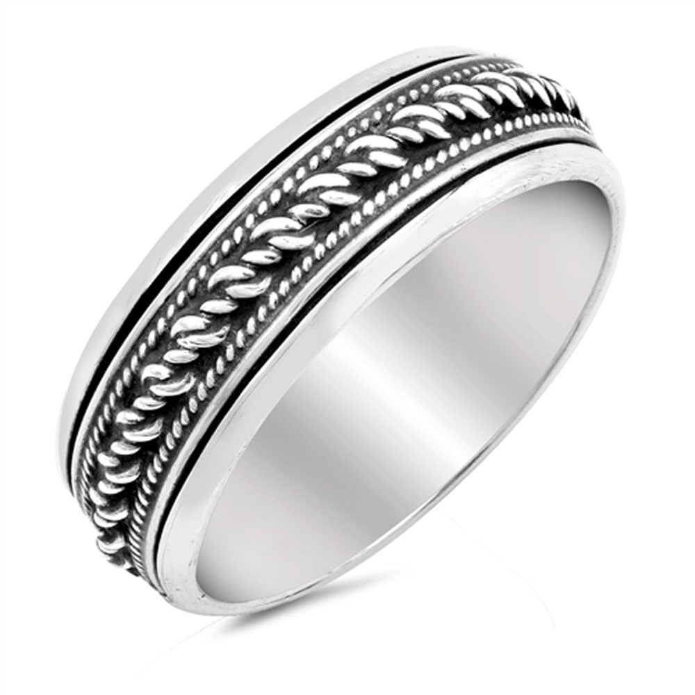 Men Women 7mm 925 Sterling Silver Band Oxidize Finish Bali Spinner Ring Gift Box