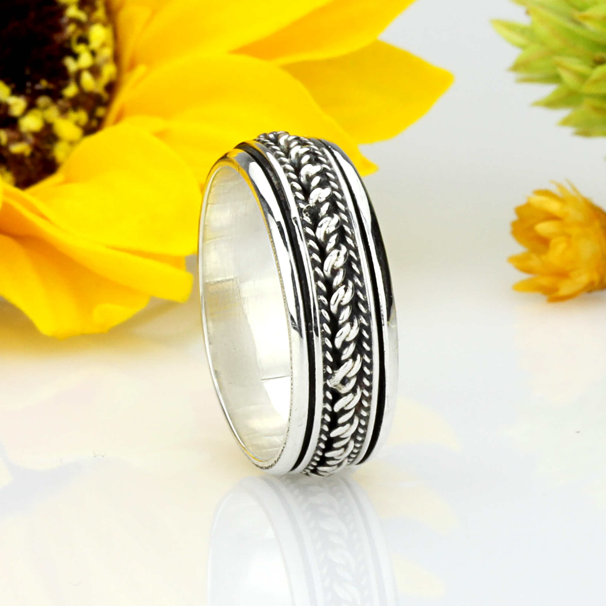 Men Women 7mm 925 Sterling Silver Band Oxidize Finish Bali Spinner Ring Gift Box