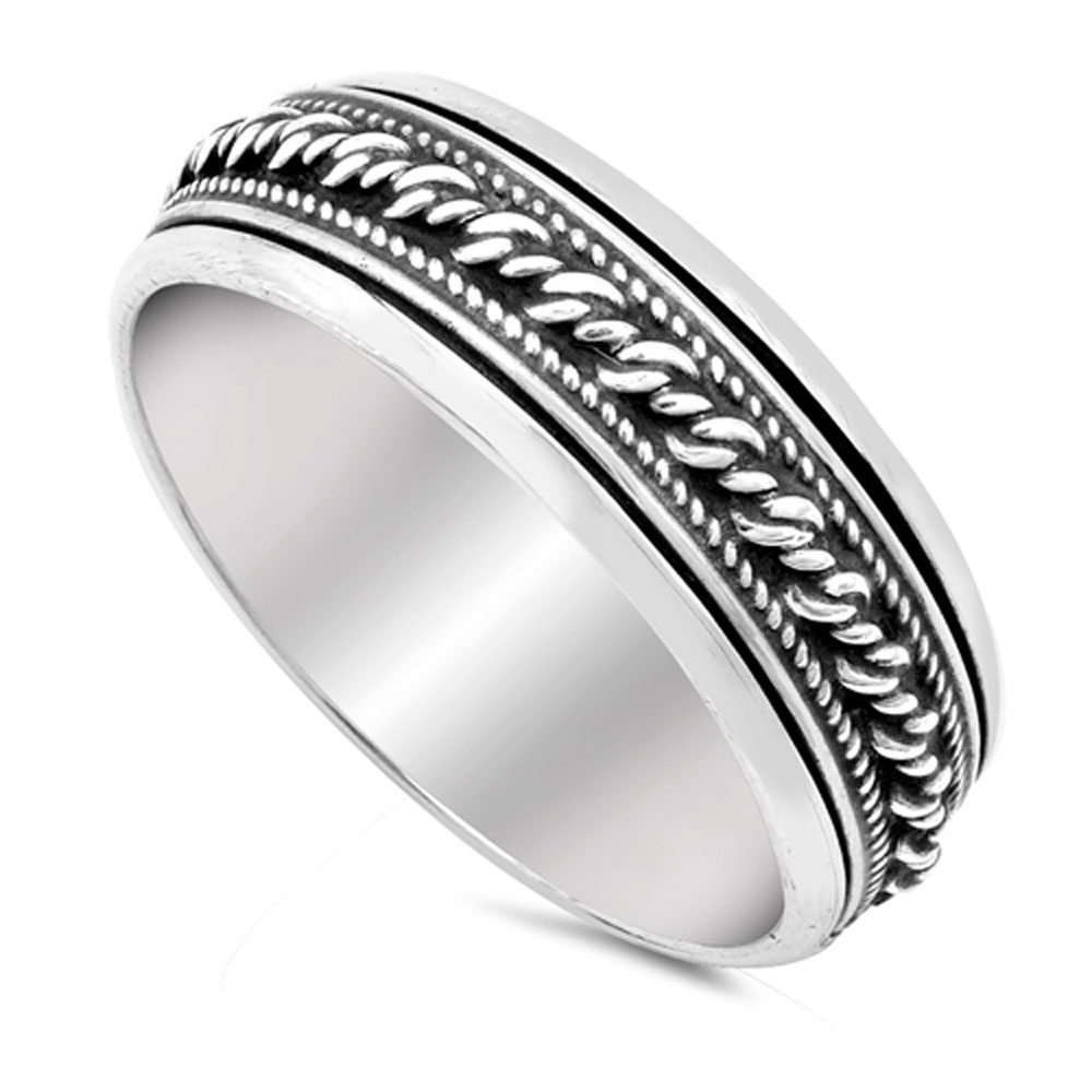 Men Women 7mm 925 Sterling Silver Band Oxidize Finish Bali Spinner Ring Gift Box