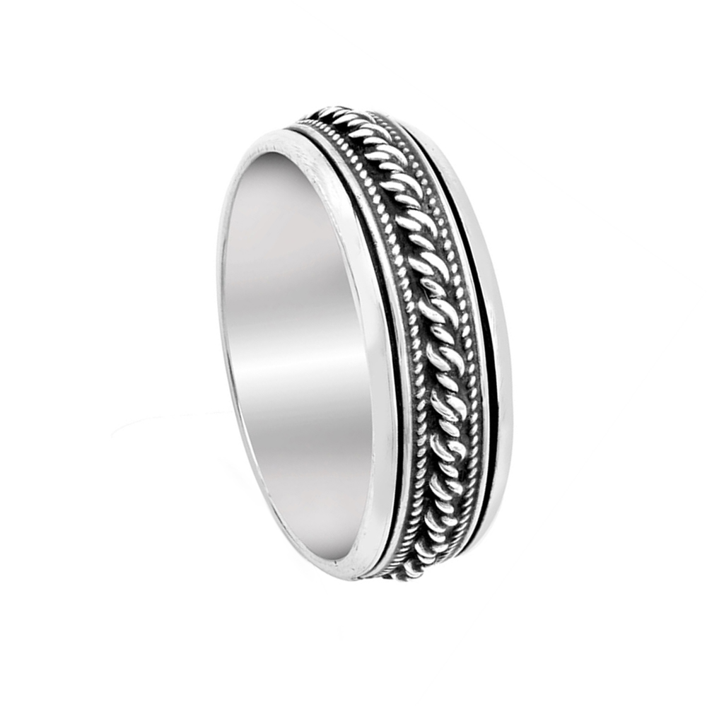 Men Women 7mm 925 Sterling Silver Band Oxidize Finish Bali Spinner Ring Gift Box