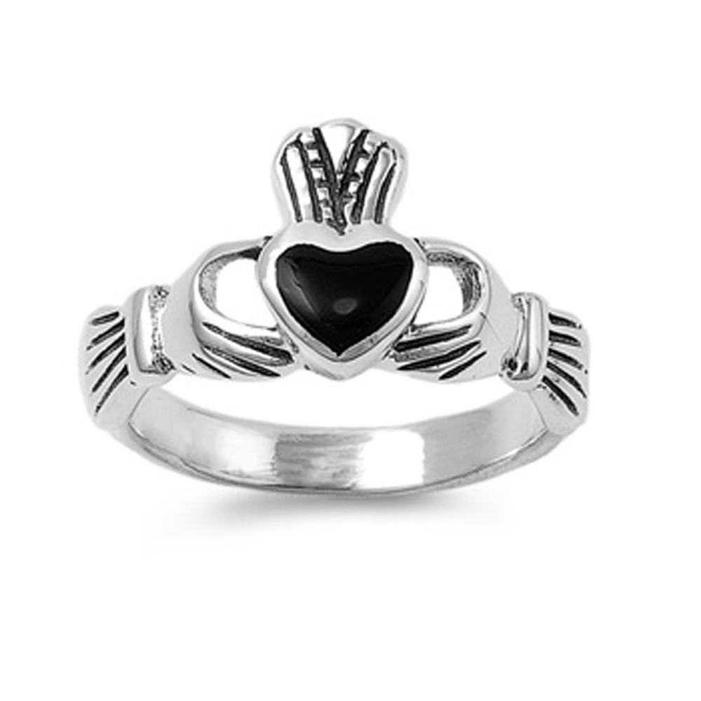 Women 11mm 925 Sterling Silver Black Onyx Heart Claddagh Vintage Style Ring Band