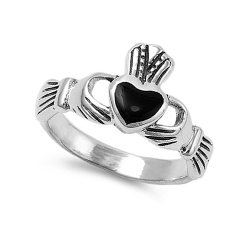 Women 11mm 925 Sterling Silver Black Onyx Heart Claddagh Vintage Style Ring Band