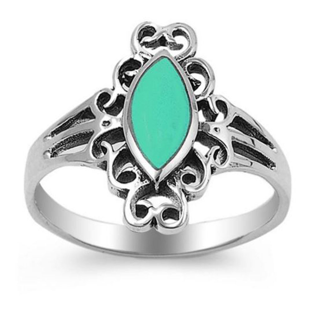 Women 17mm Sterling Silver Marquise Simulated Turquoise Filigree Design Ring