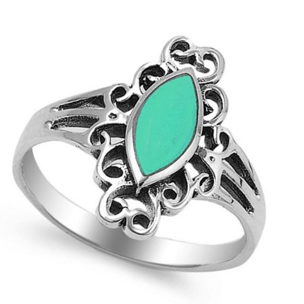 Women 17mm Sterling Silver Marquise Simulated Turquoise Filigree Design Ring