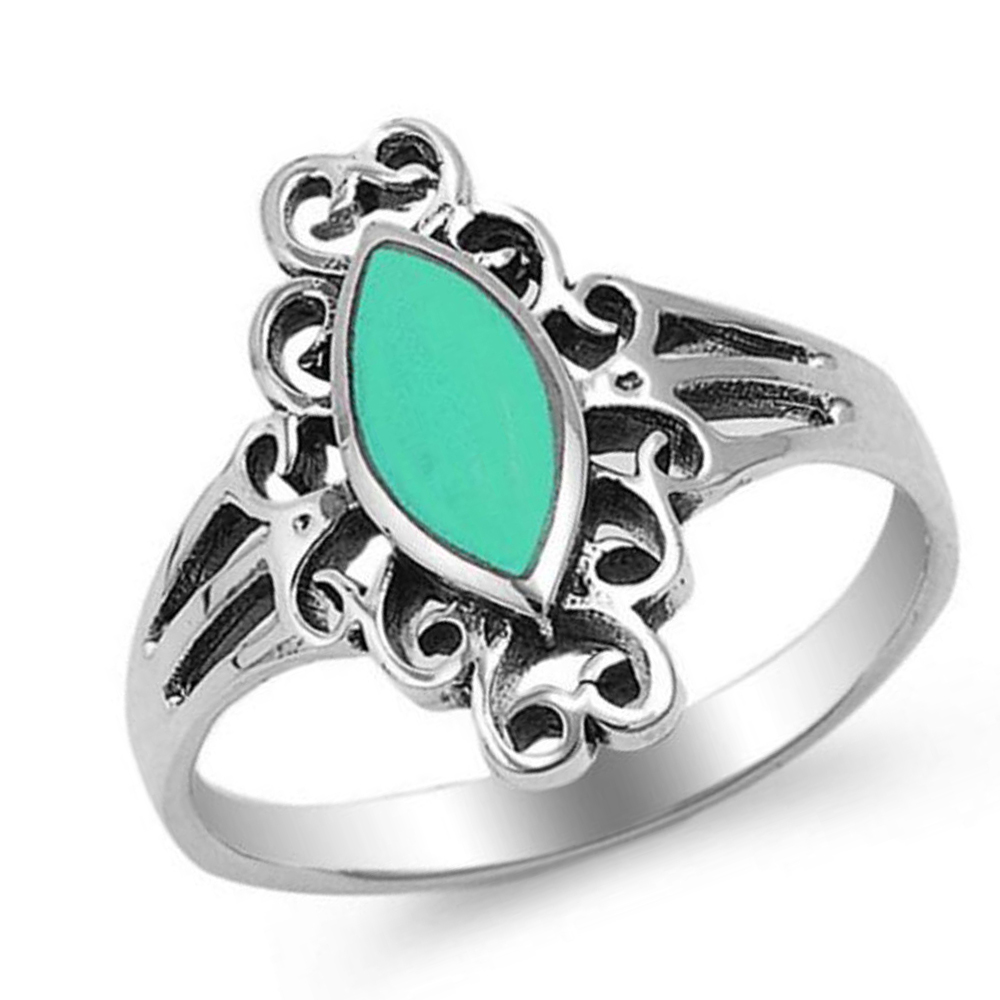Women 17mm Sterling Silver Marquise Simulated Turquoise Filigree Design Ring