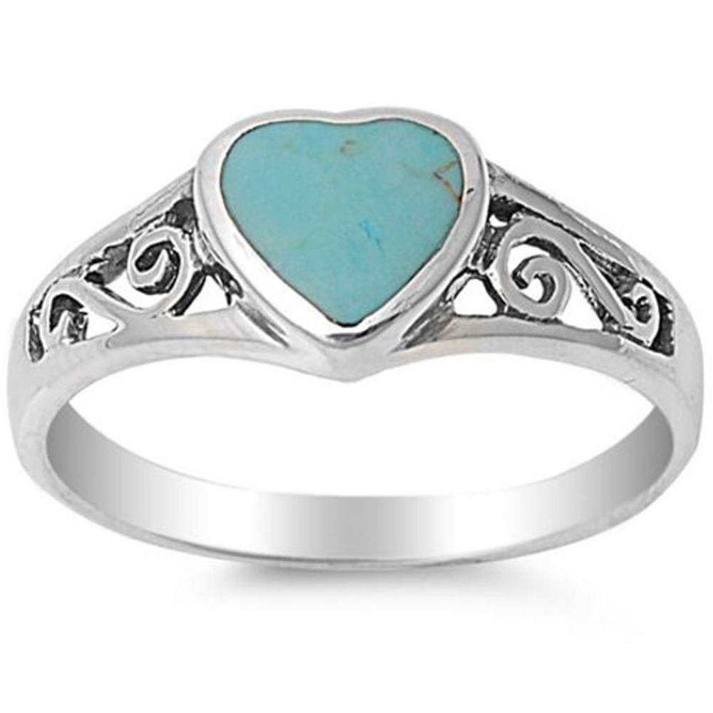 Fine Women 8mm Sterling Silver Simulated Turquoise Filigree Heart Promise Ring