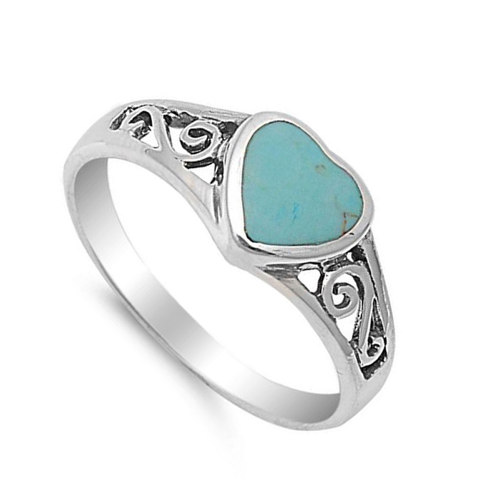 Fine Women 8mm Sterling Silver Simulated Turquoise Filigree Heart Promise Ring