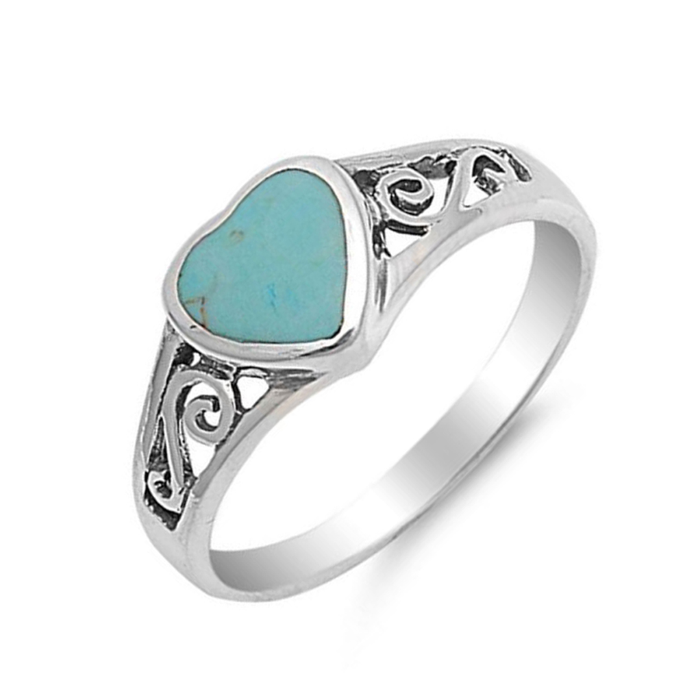 Fine Women 8mm Sterling Silver Simulated Turquoise Filigree Heart Promise Ring