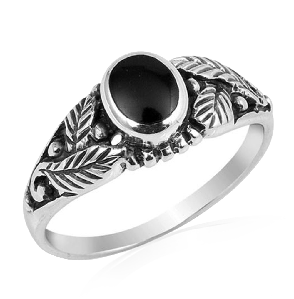 Men Women 7mm 925 Sterling Silver Simulated Black Onyx Leaf Ladies Ring Band