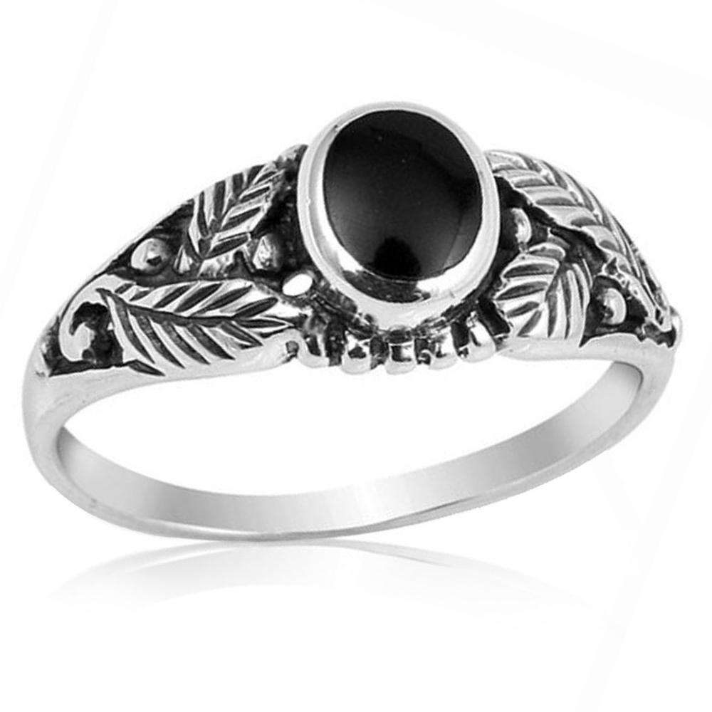 Men Women 7mm 925 Sterling Silver Simulated Black Onyx Leaf Ladies Ring Band