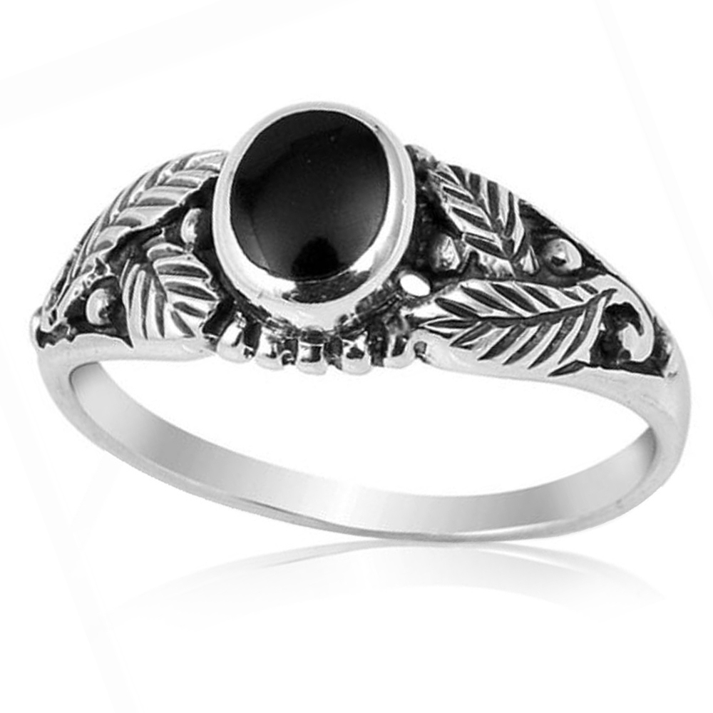 Men Women 7mm 925 Sterling Silver Simulated Black Onyx Leaf Ladies Ring Band